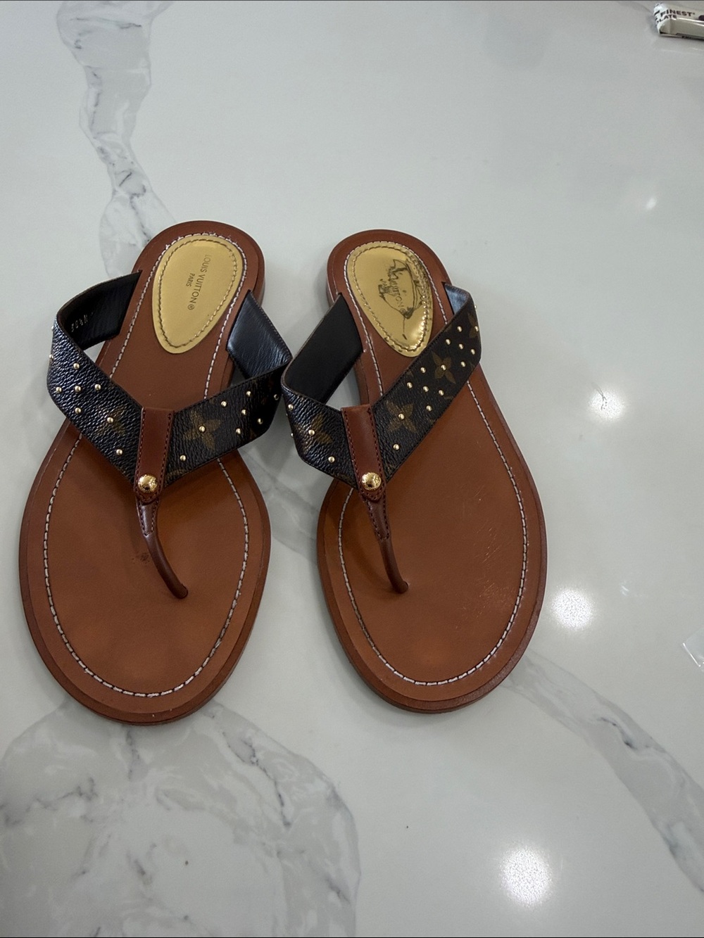 Louis Vuitton Brown Leather Thong Sandals with Black Monogram Studded Strap